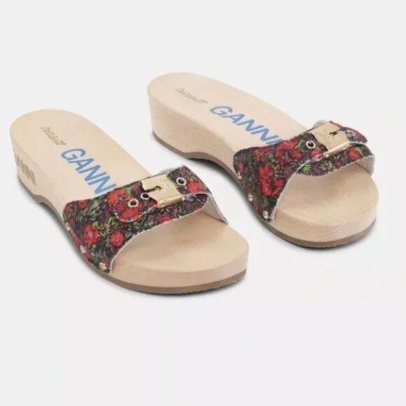GANNI x Dr. Scholl's Red Floral Buckle Wooden Clog Slides Sandals Retro NEW - Picture 1 of 13